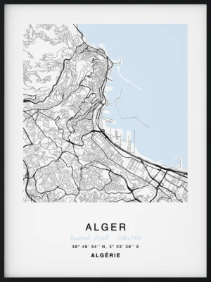 Citymap encadrée de la ville d'Alger en Algérie - Couleur Bleu - Poster avec calligraphie arabe et berbère