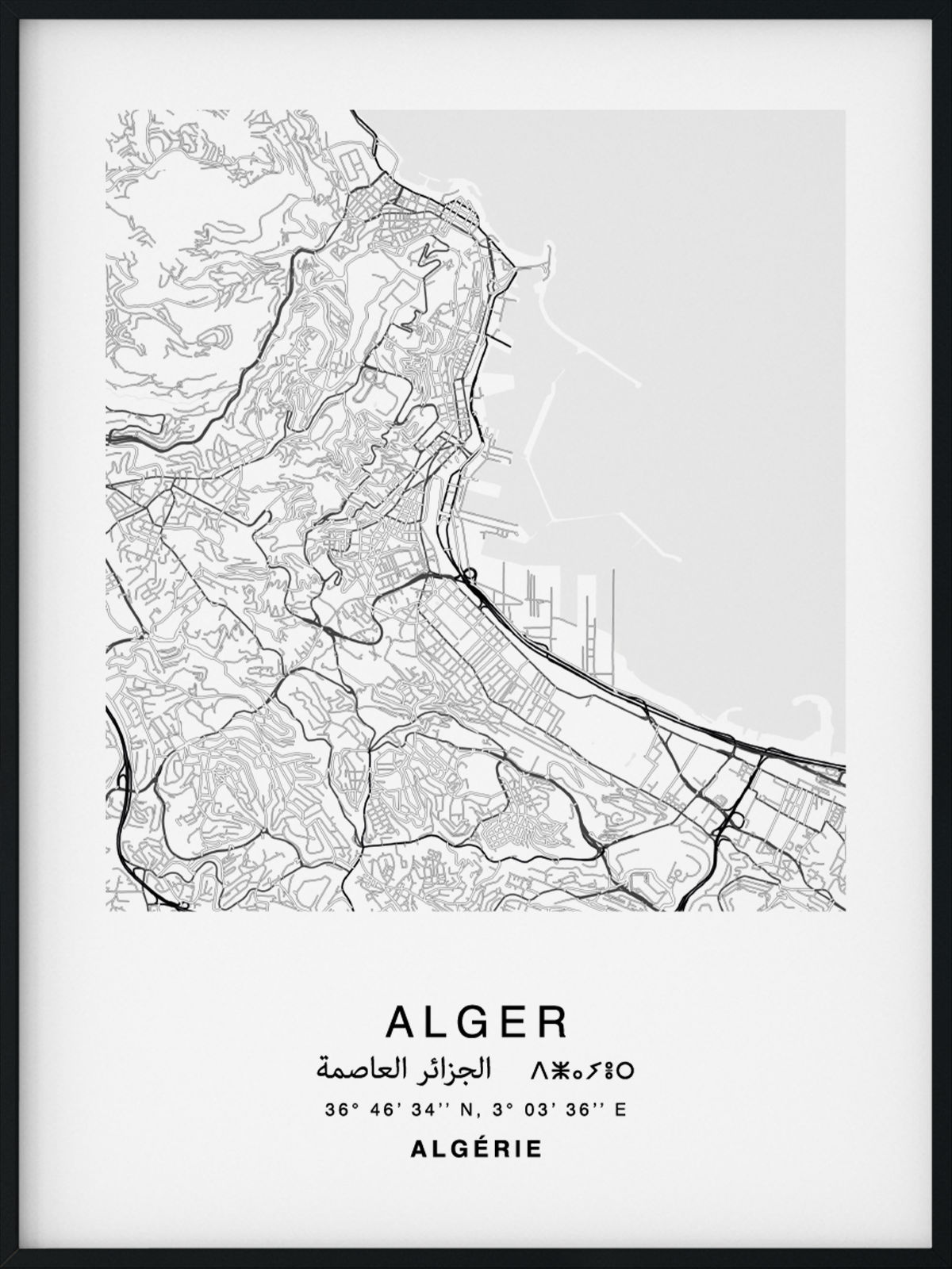 Citymap encadrée de la ville d'Alger en Algérie - Couleur Gris - Poster avec calligraphie arabe et berbère