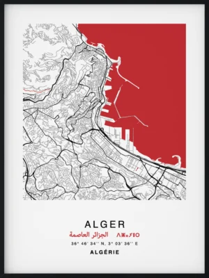 Citymap encadrée de la ville d'Alger en Algérie - Couleur Rouge - Poster avec calligraphie arabe et berbère