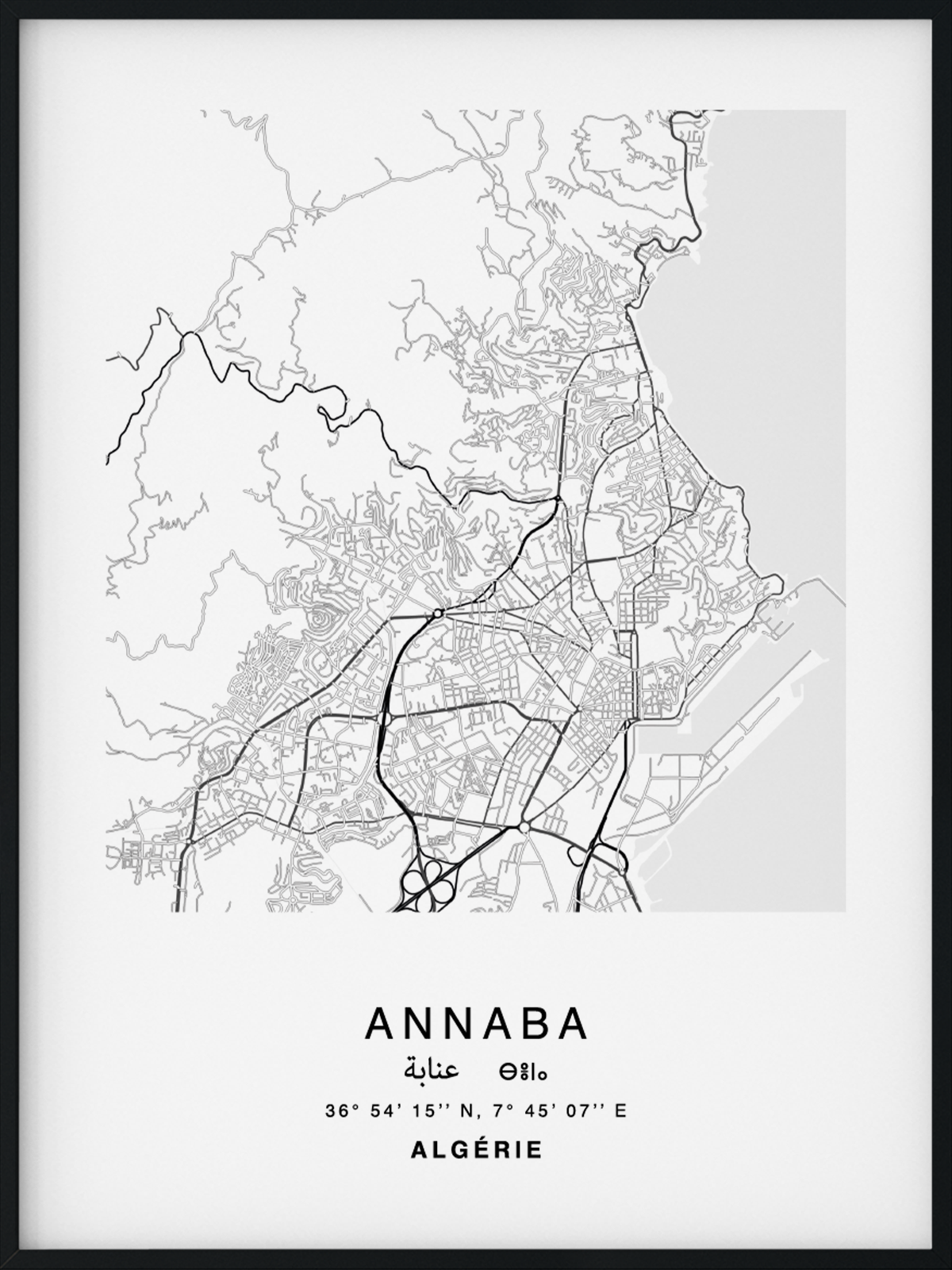 Citymap encadrée de la ville de Annaba en Algérie - Couleur Gris - Poster avec calligraphie arabe et berbère