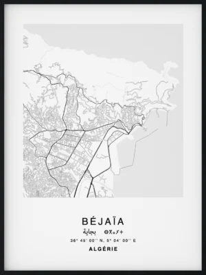 Citymap encadrée de la ville de Béjaïa en Algérie - Couleur Gris - Poster avec calligraphie arabe et berbère