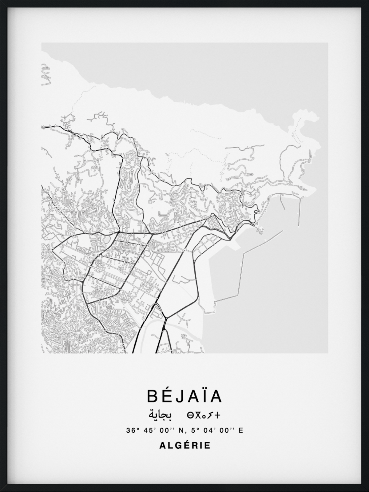 Citymap encadrée de la ville de Béjaïa en Algérie - Couleur Gris - Poster avec calligraphie arabe et berbère