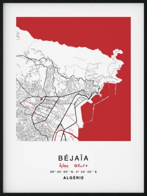 Citymap encadrée de la ville de Béjaia en Algérie - Couleur Rouge - Poster avec calligraphie arabe et berbère