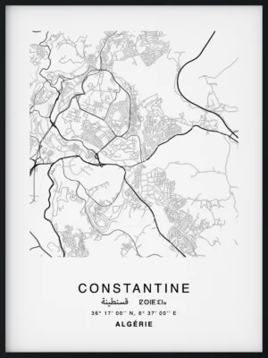 Citymap encadrée de la ville de Constantine en Algérie - Couleur Gris - Poster avec calligraphie arabe et berbère