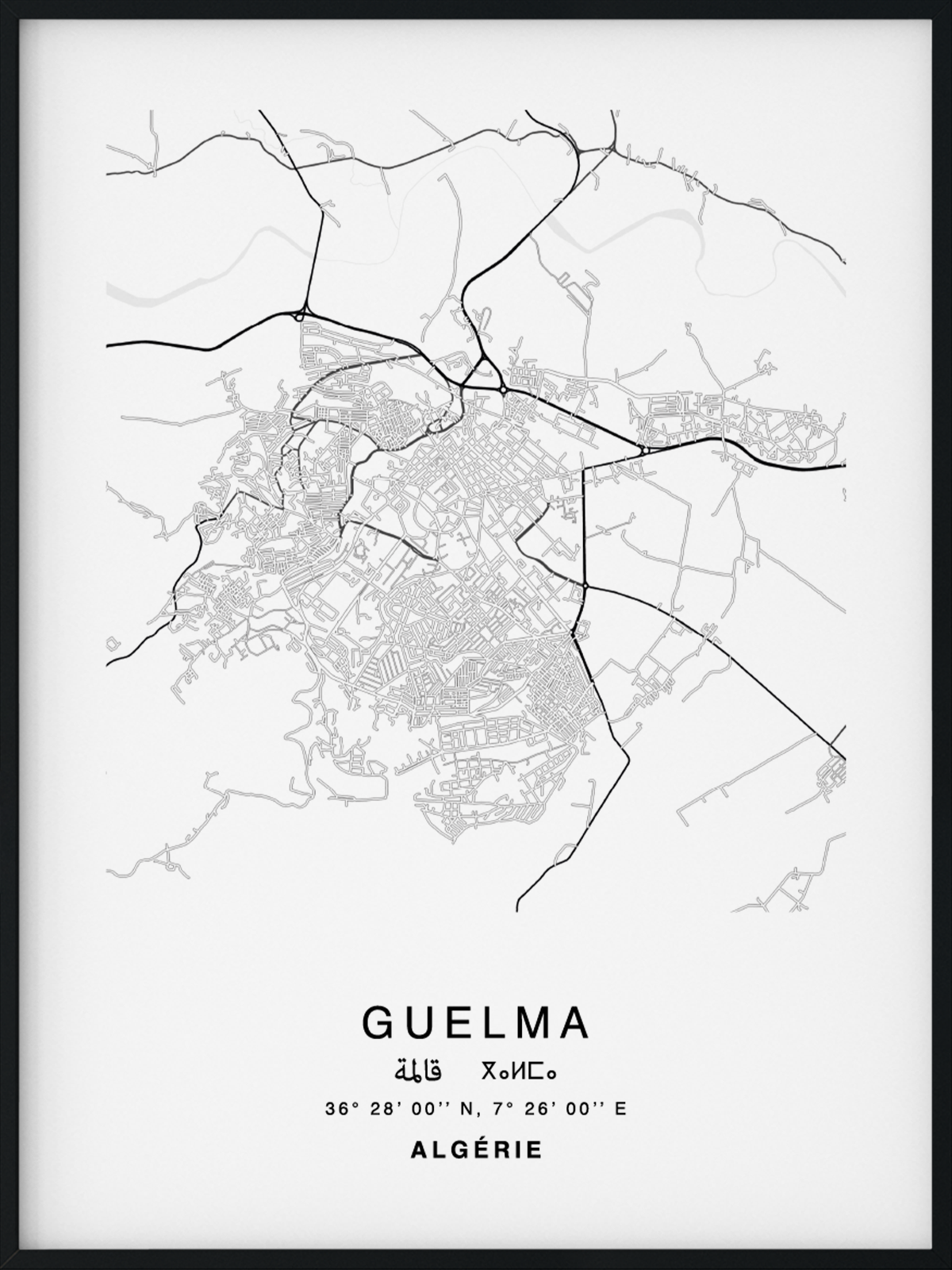 Citymap encadrée de la ville de Guelma en Algérie - Couleur Gris - Poster avec calligraphie arabe et berbère