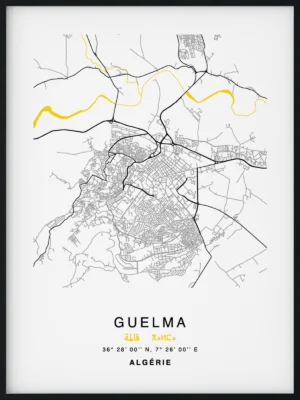 Citymap encadrée de la ville de Guelma en Algérie - Couleur Jaune - Poster avec calligraphie arabe et berbère