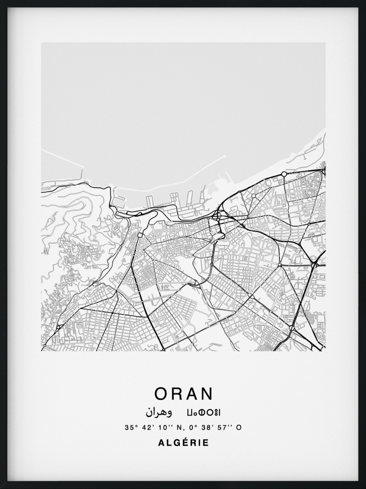 Citymap encadrée de la ville d'Oran en Algérie - Couleur Gris - Poster avec calligraphie arabe et berbère