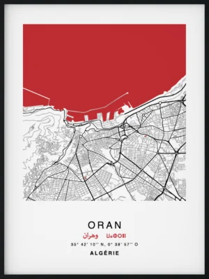 Citymap encadrée de la ville de Oran en Algérie - Couleur Rouge - Poster avec calligraphie arabe et berbère