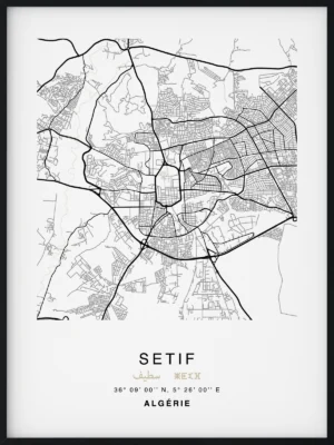 Citymap encadrée de la ville de Sétif en Algérie - Couleur Beige - Poster avec calligraphie arabe et berbère