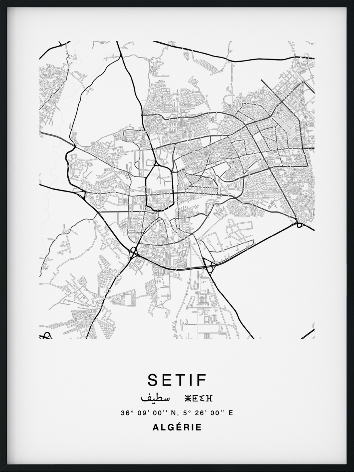 Citymap encadrée de la ville de Sétif en Algérie - Couleur Gris - Poster avec calligraphie arabe et berbère