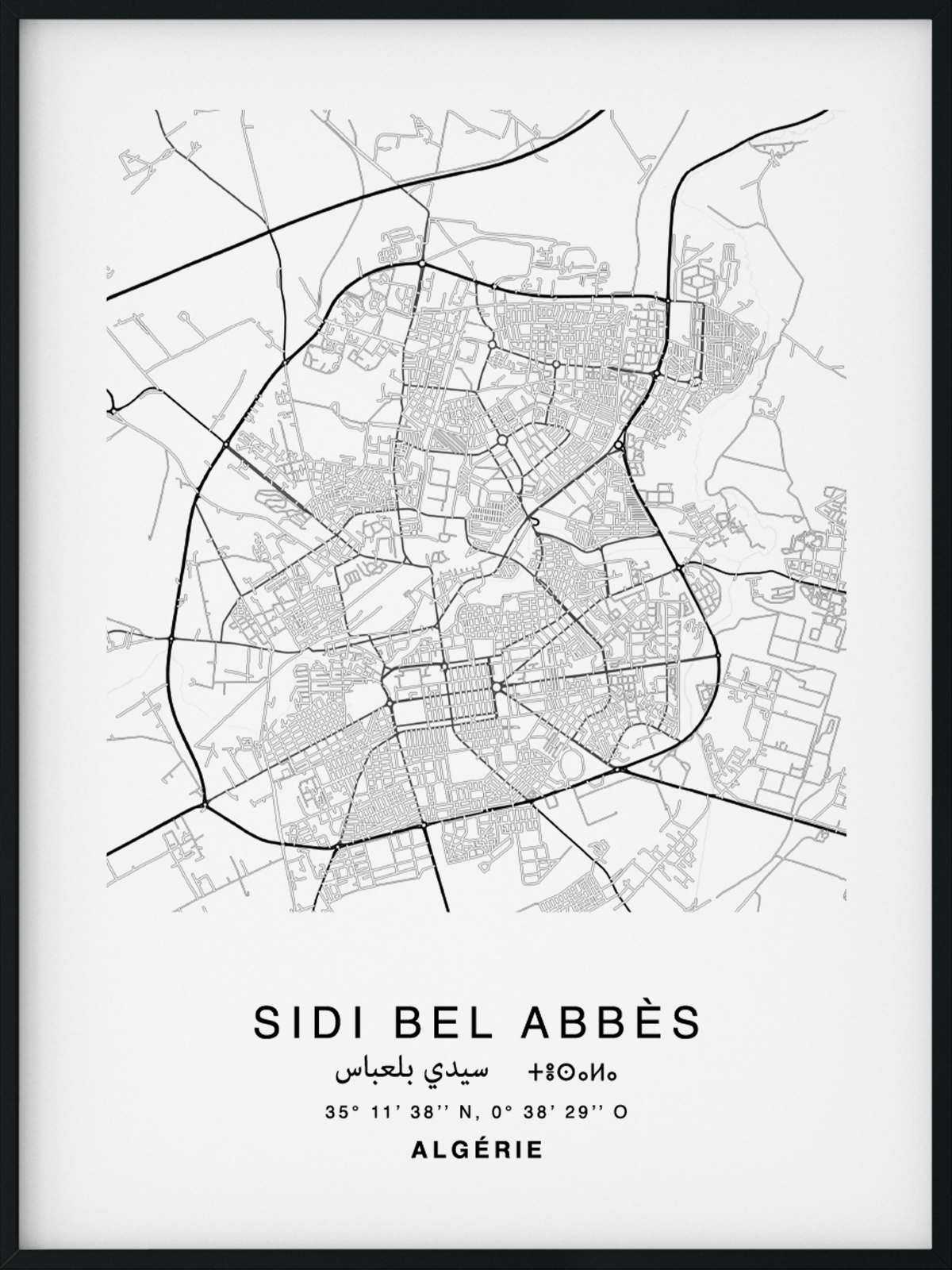 Citymap encadrée de la ville de Sidi Bel Abbès en Algérie - Couleur Gris - Poster avec calligraphie arabe et berbère