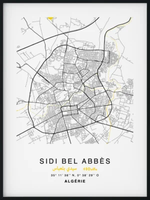 Citymap encadrée de la ville de Sidi Bel Abbès en Algérie - Couleur Jaune - Poster avec calligraphie arabe et berbère