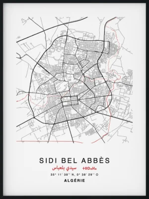 Citymap encadrée de la ville de Sidi Bel Abbès en Algérie - Couleur Rouge - Poster avec calligraphie arabe et berbère