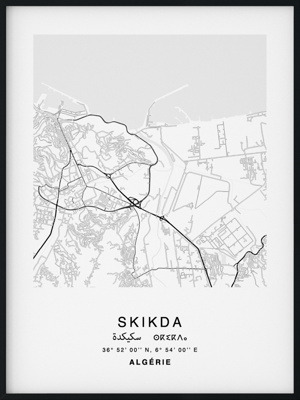 Citymap encadrée de la ville de Skikda en Algérie - Couleur Gris - Poster avec calligraphie arabe et berbère