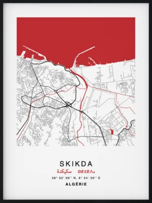 Citymap encadrée de la ville de Skikda en Algérie - Couleur Rouge - Poster avec calligraphie arabe et berbère