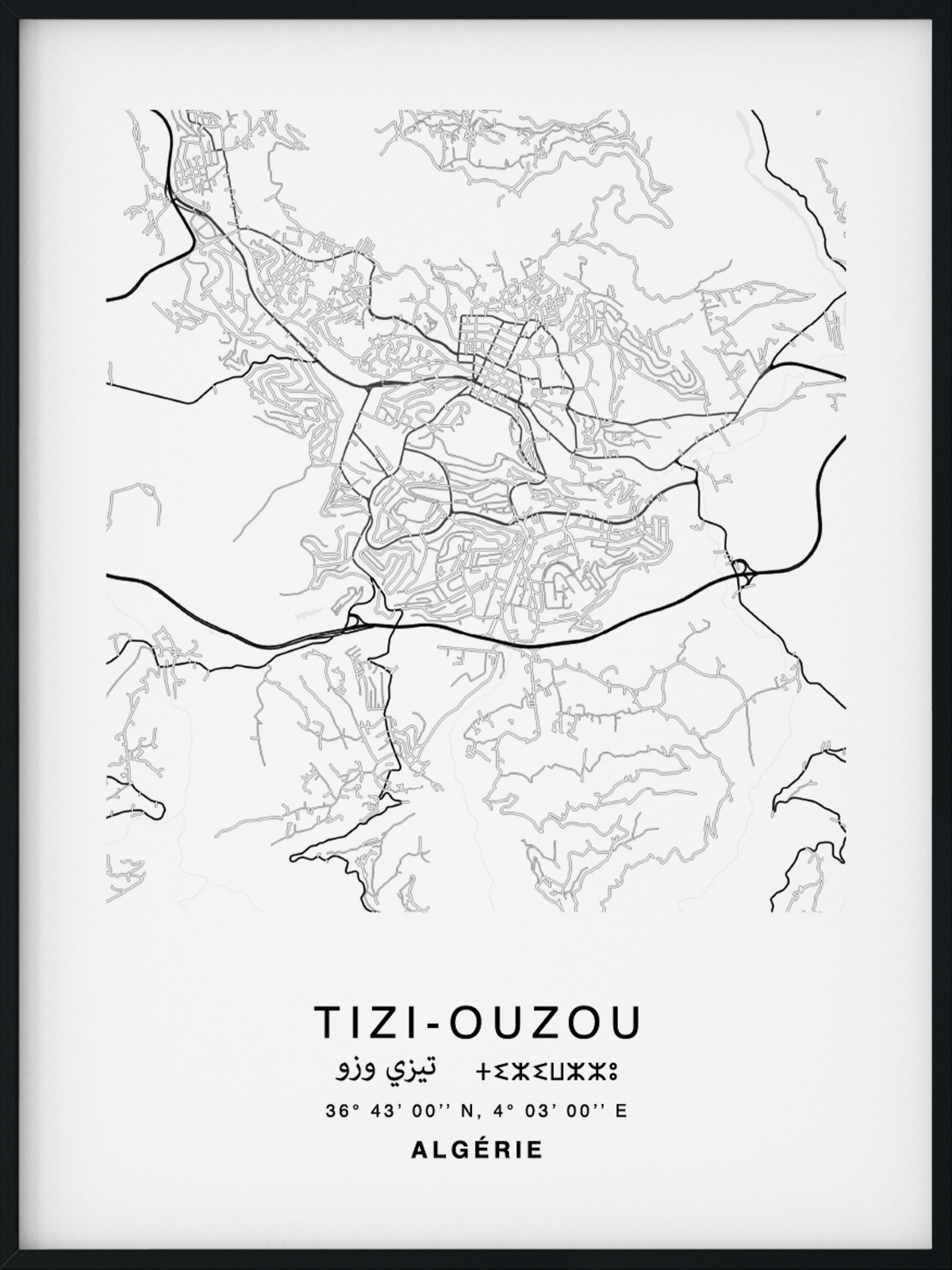 Citymap encadrée de la ville de Tizi Ouzou en Algérie - Couleur Gris - Poster avec calligraphie arabe et berbère