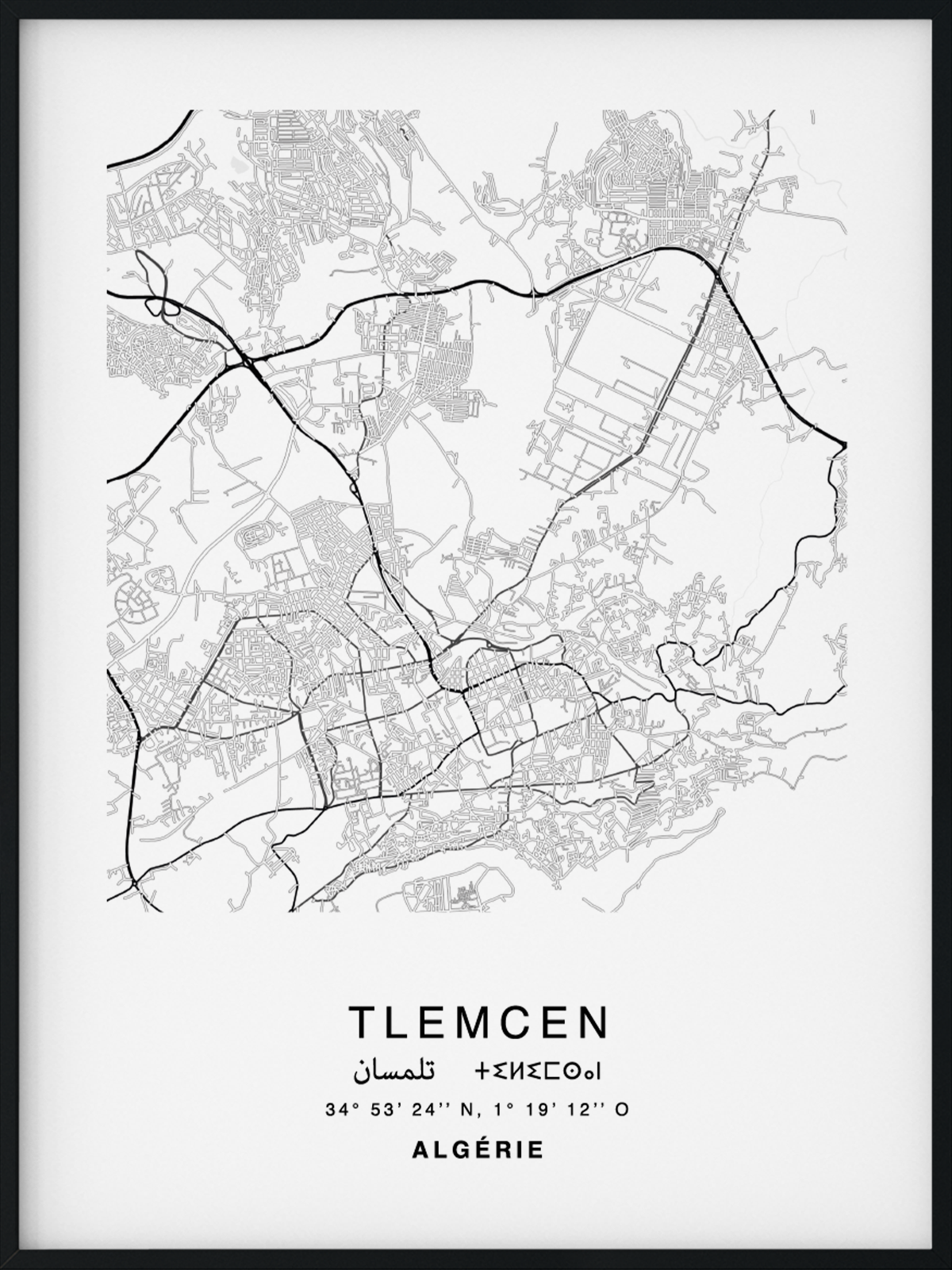 Citymap encadrée de la ville de Tlemcen en Algérie - Couleur Gris - Poster avec calligraphie arabe et berbère