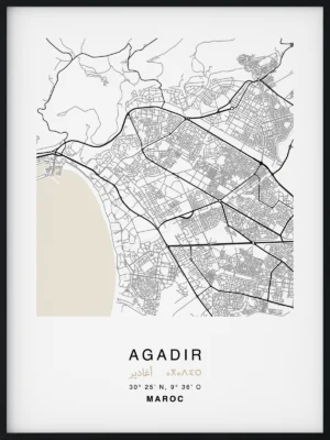 Citymap encadrée de la ville de Agadir au Maroc - Couleur Beige - Poster avec calligraphie arabe et berbère