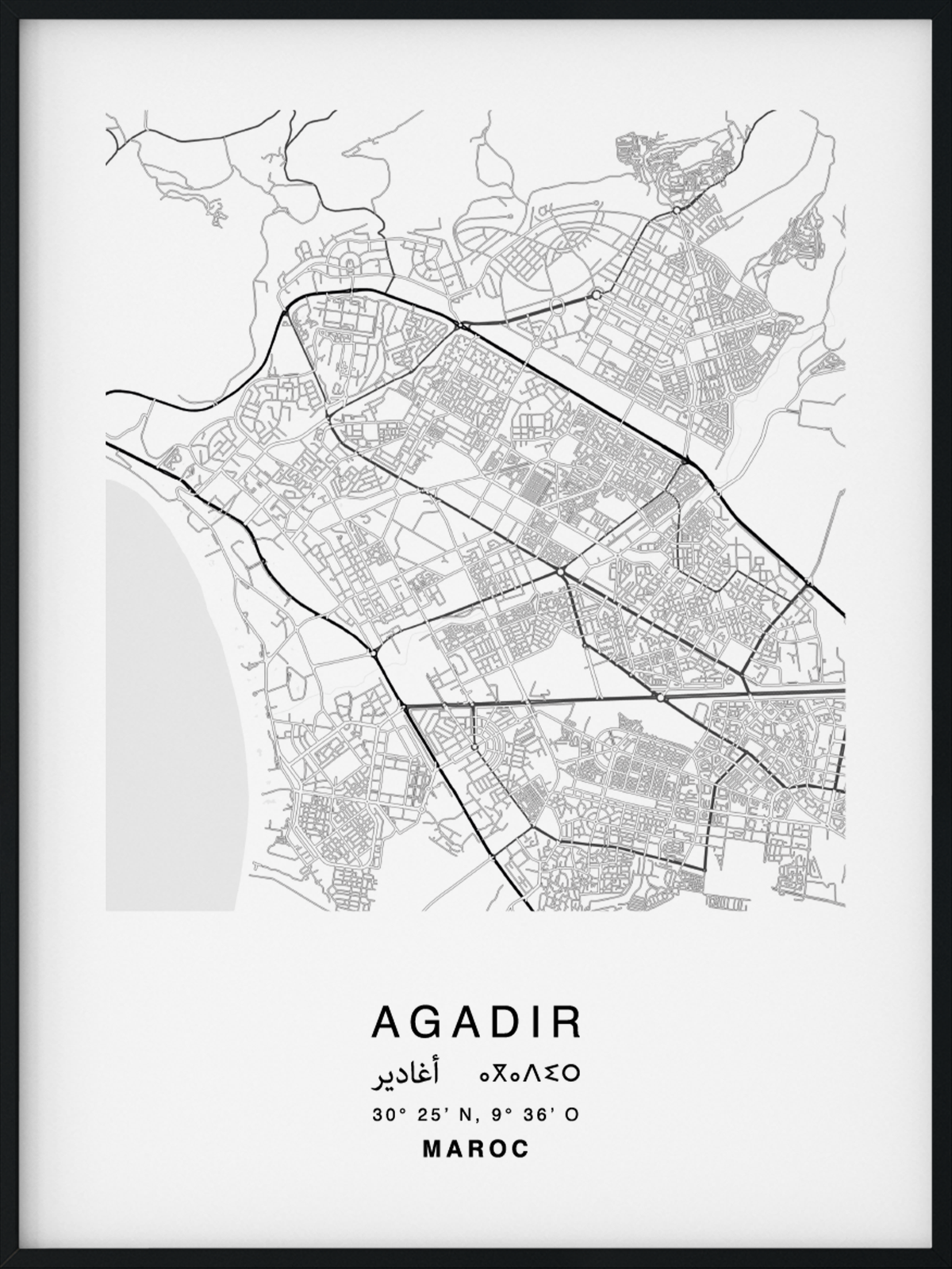 Citymap encadrée de la ville d'Agadir au Maroc - Couleur Gris - Poster avec calligraphie arabe et berbère