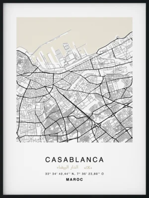 Citymap encadrée de la ville de Casablanca au Maroc - Couleur Beige - Poster avec calligraphie arabe et berbère