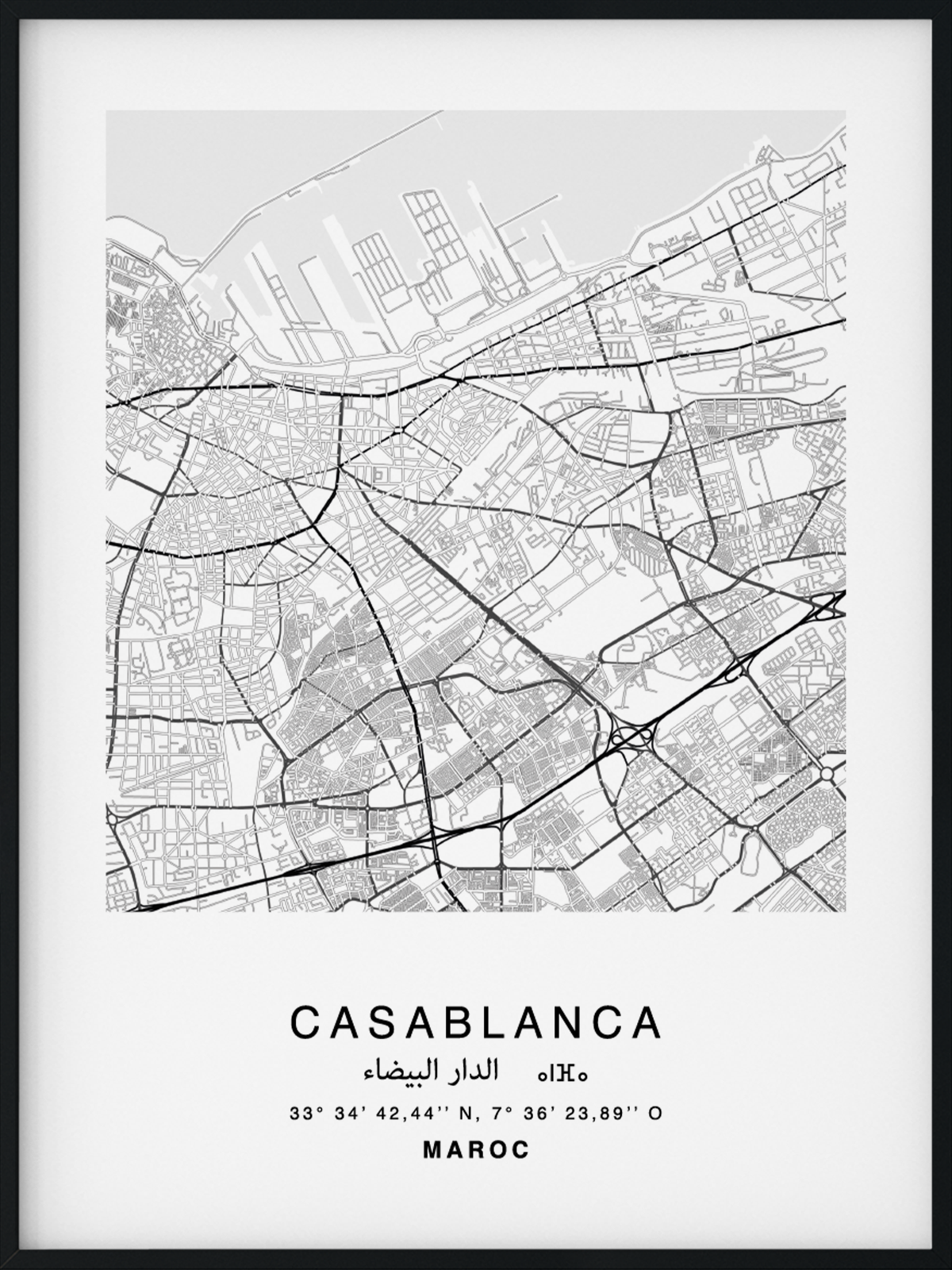 Citymap encadrée de la ville de Casablanca au Maroc - Couleur Gris - Poster avec calligraphie arabe et berbère