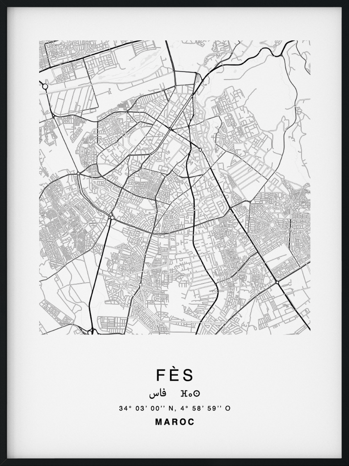 Citymap encadrée de la ville de Fès au Maroc - Couleur Gris - Poster avec calligraphie arabe et berbère