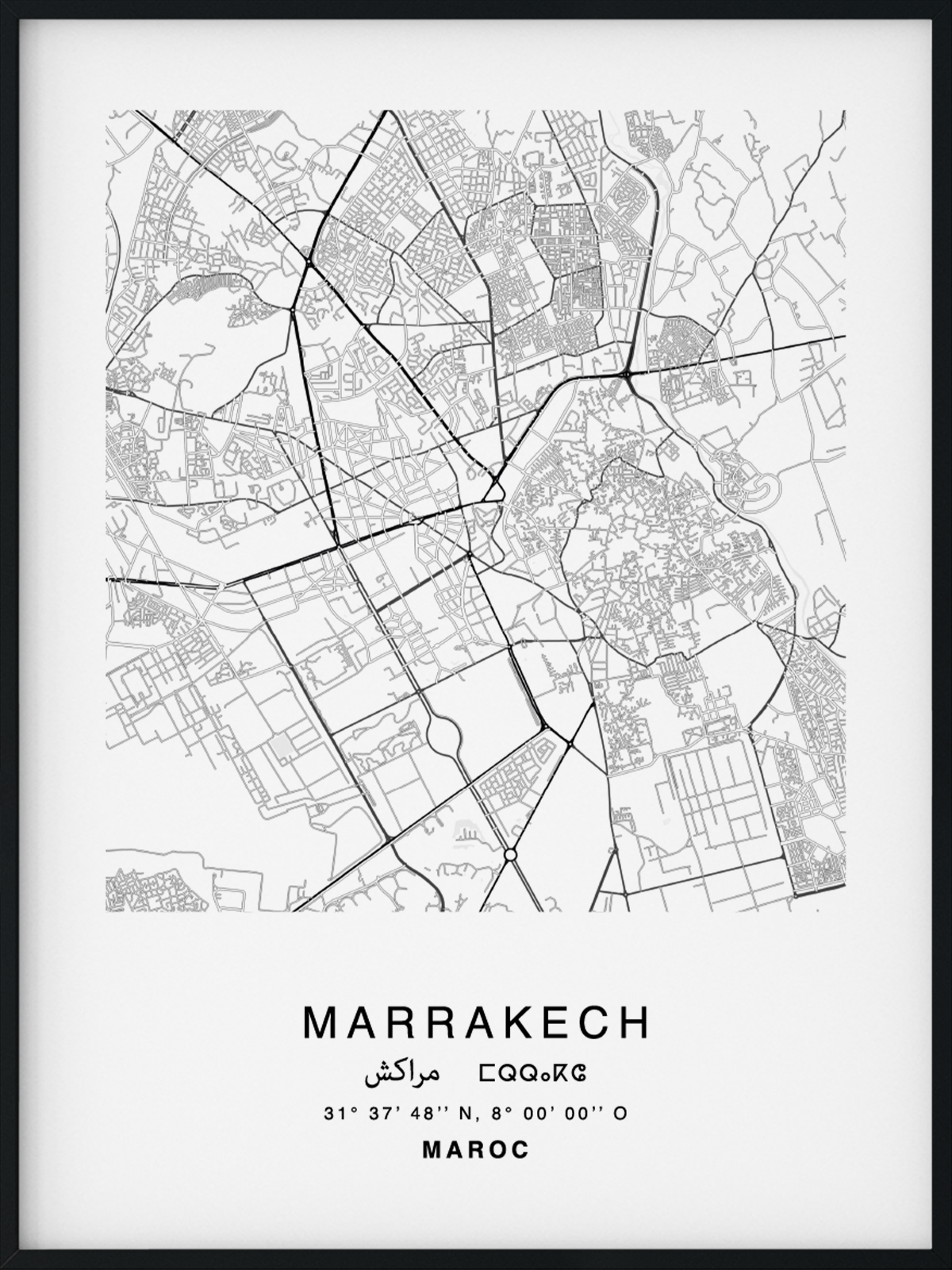 Citymap encadrée de la ville de Marrakech au Maroc - Couleur Gris - Poster avec calligraphie arabe et berbère