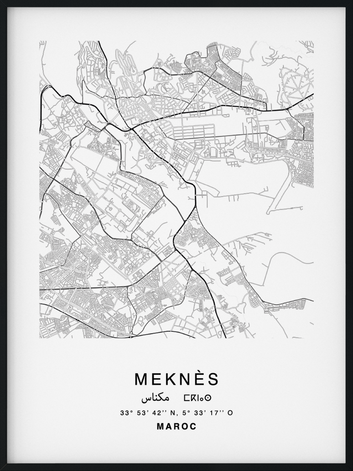 Citymap encadrée de la ville de Meknès au Maroc - Couleur Gris - Poster avec calligraphie arabe et berbère