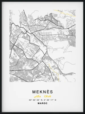 Citymap encadrée de la ville de Meknès au Maroc - Couleur Jaune - Poster avec calligraphie arabe et berbère