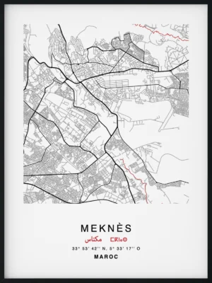 Citymap encadrée de la ville de Meknès au Maroc - Couleur Rouge - Poster avec calligraphie arabe et berbère