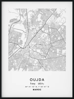 Citymap encadrée de la ville d'Oujda au Maroc - Couleur Gris - Poster avec calligraphie arabe et berbère