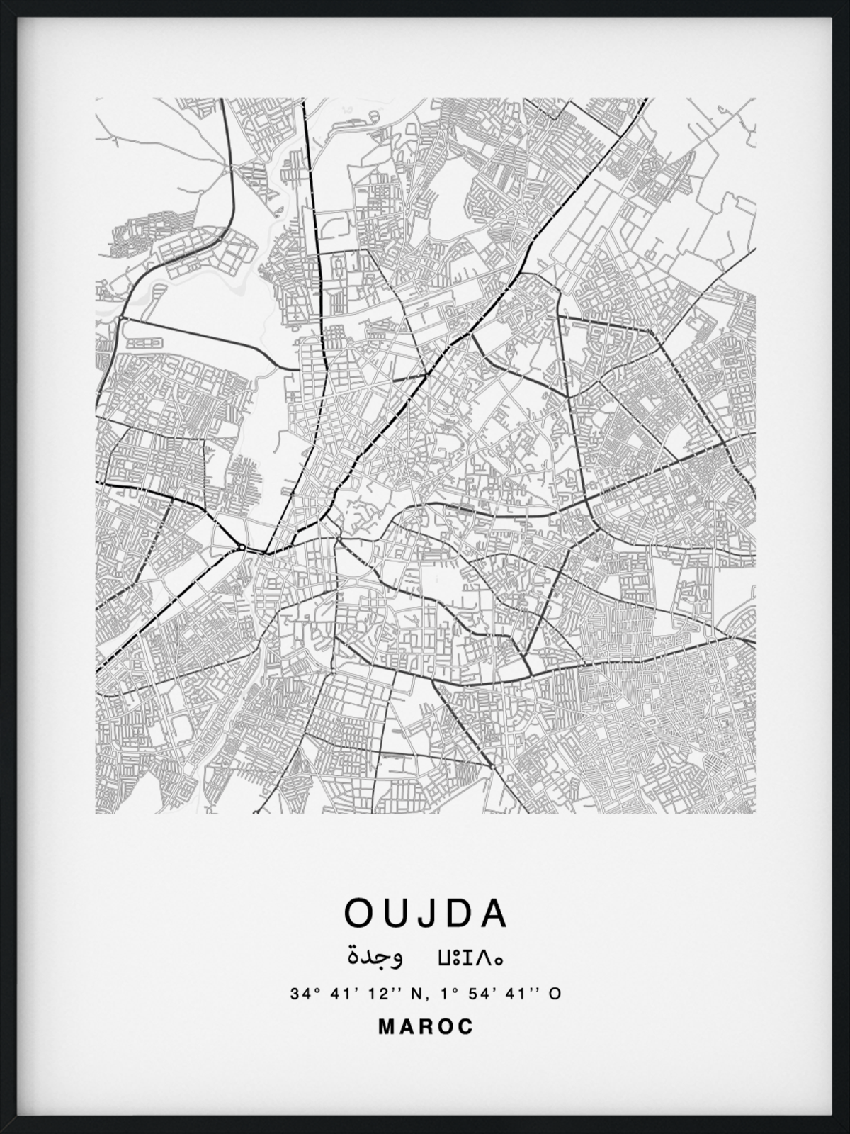 Citymap encadrée de la ville d'Oujda au Maroc - Couleur Gris - Poster avec calligraphie arabe et berbère