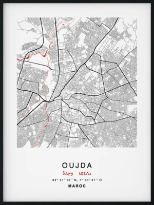 Citymap encadrée de la ville de Oujda au Maroc - Couleur Rouge - Poster avec calligraphie arabe et berbère