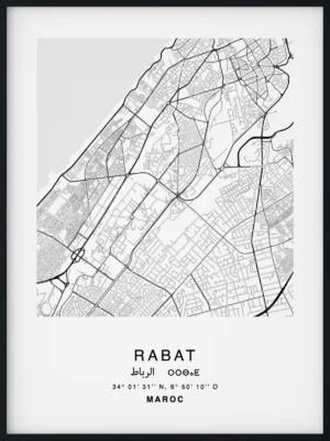 Citymap encadrée de la ville de Rabat au Maroc - Couleur Gris - Poster avec calligraphie arabe et berbère