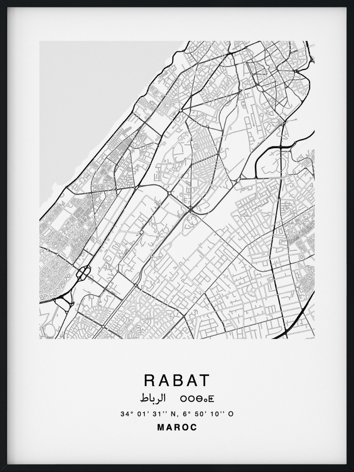 Citymap encadrée de la ville de Rabat au Maroc - Couleur Gris - Poster avec calligraphie arabe et berbère