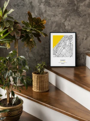 Mise en scène d’un poster Citymap Rabat dans un décor moderne - Couleur Jaune