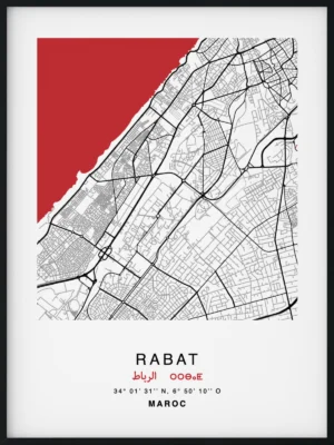 Citymap encadrée de la ville de Rabat au Maroc - Couleur Rouge - Poster avec calligraphie arabe et berbère