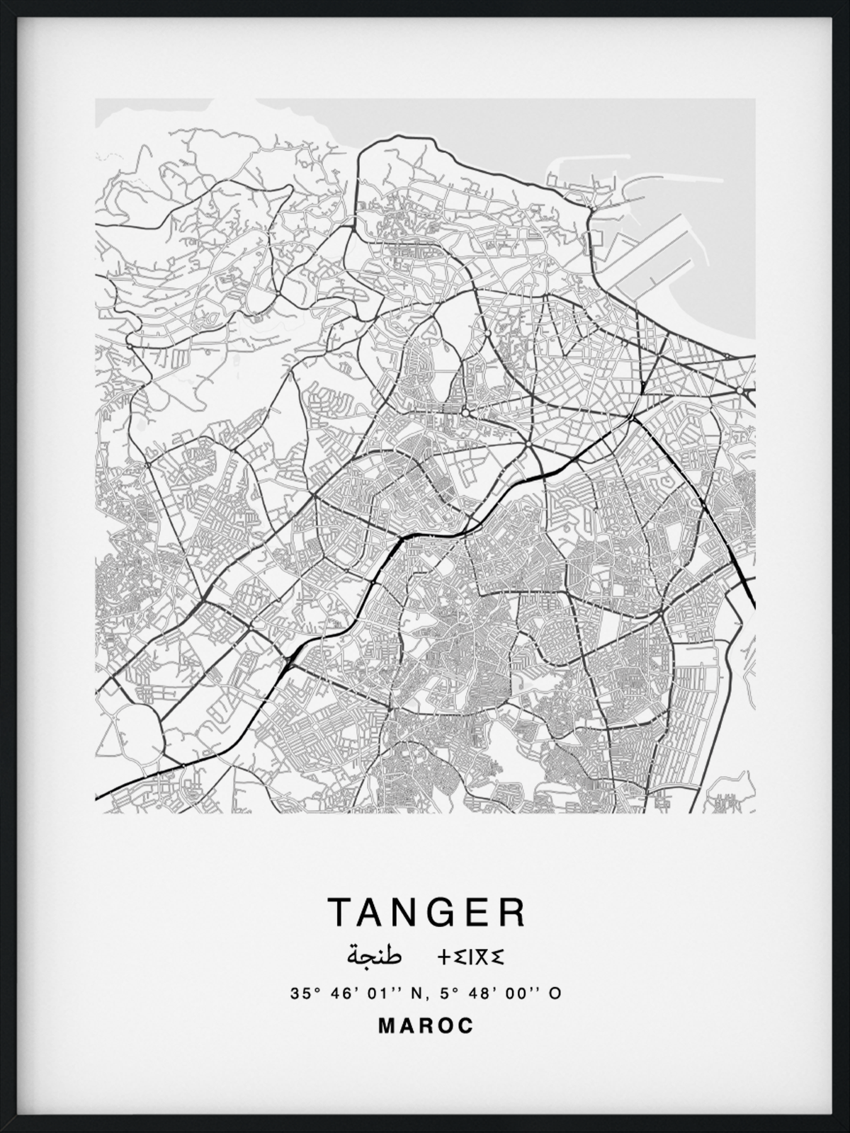 Citymap encadrée de la ville de Tanger au Maroc - Couleur Gris - Poster avec calligraphie arabe et berbère