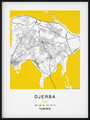 Citymap encadrée de la ville de Djerba en Tunisie - Couleur Jaune - Poster avec calligraphie arabe et berbère