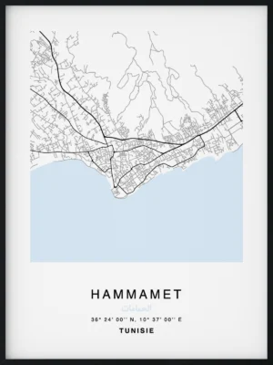 Citymap encadrée de la ville de Hammamet en Tunisie - Couleur Bleu - Poster avec calligraphie arabe et berbère