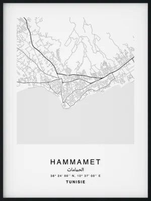 Citymap encadrée de la ville de Hammamet au Maroc - Couleur Gris - Poster avec calligraphie arabe et berbère