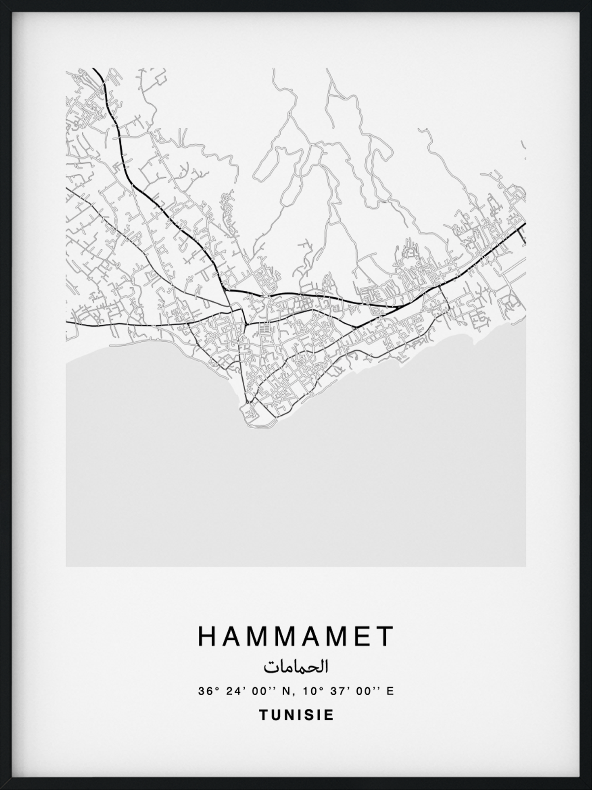 Citymap encadrée de la ville de Hammamet au Maroc - Couleur Gris - Poster avec calligraphie arabe et berbère