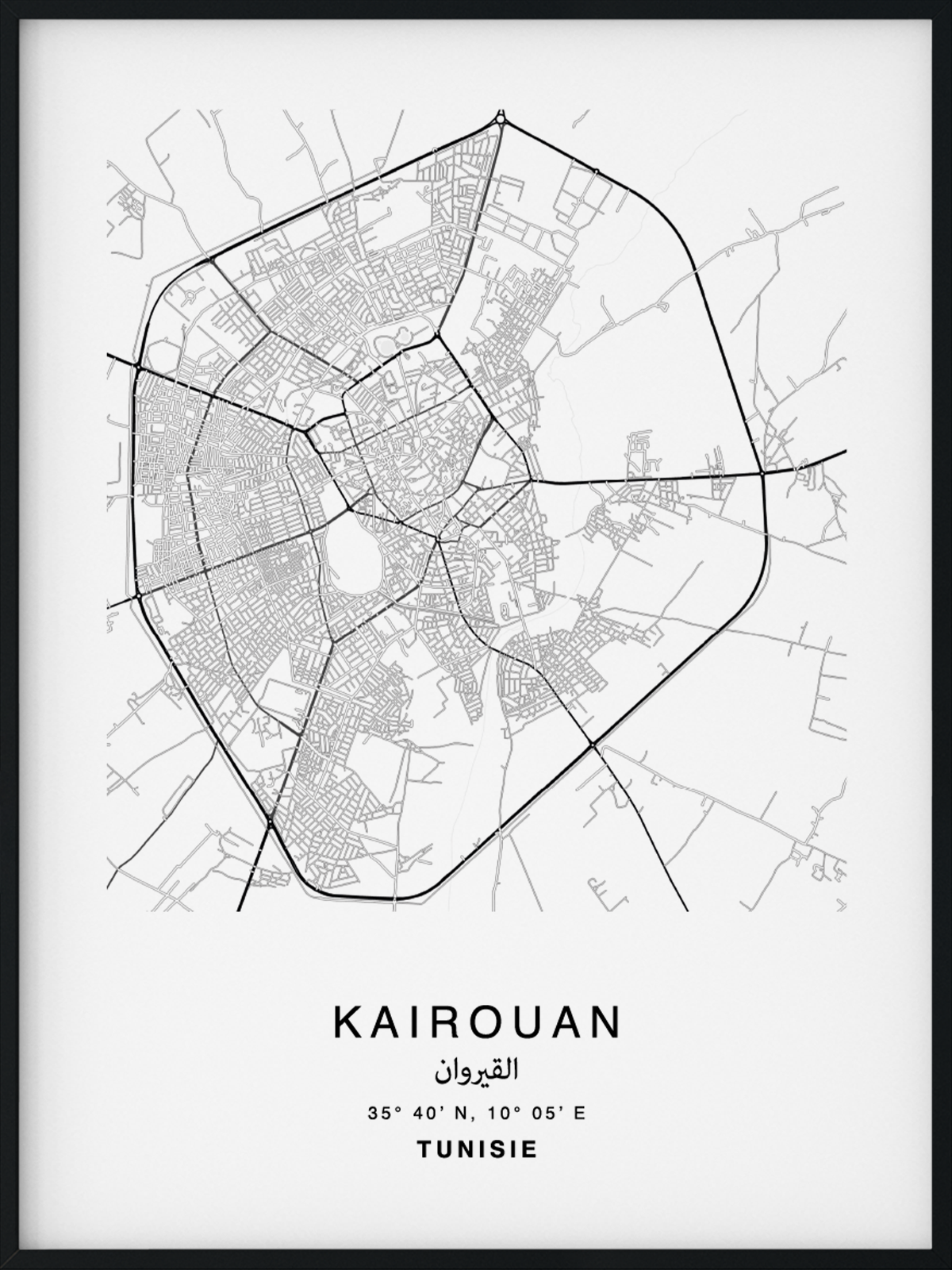 Citymap encadrée de la ville de Kairouan au Maroc - Couleur Gris - Poster avec calligraphie arabe et berbère