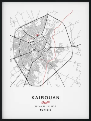 Citymap encadrée de la ville de Kairouan en Tunisie - Couleur Rouge - Poster avec calligraphie arabe et berbère