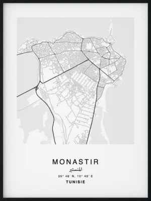 Citymap encadrée de la ville de Monastir au Maroc - Couleur Gris - Poster avec calligraphie arabe et berbère