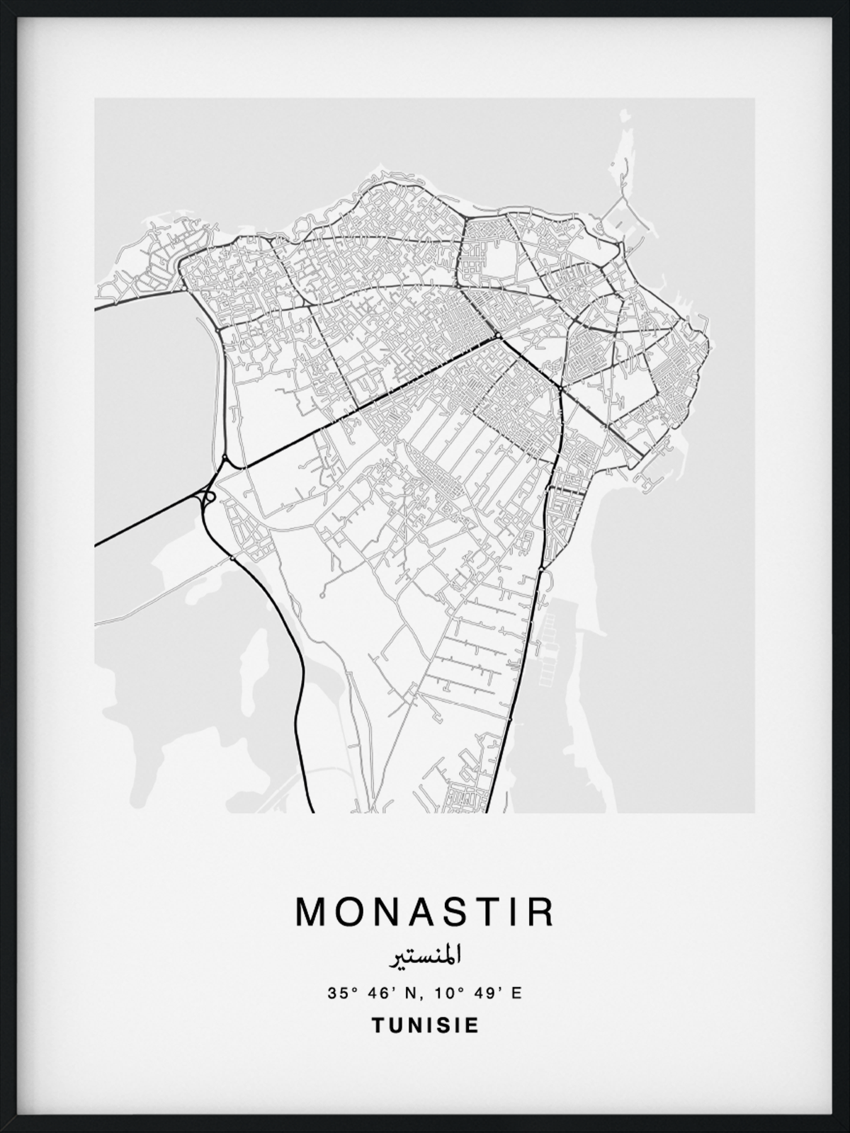 Citymap encadrée de la ville de Monastir au Maroc - Couleur Gris - Poster avec calligraphie arabe et berbère