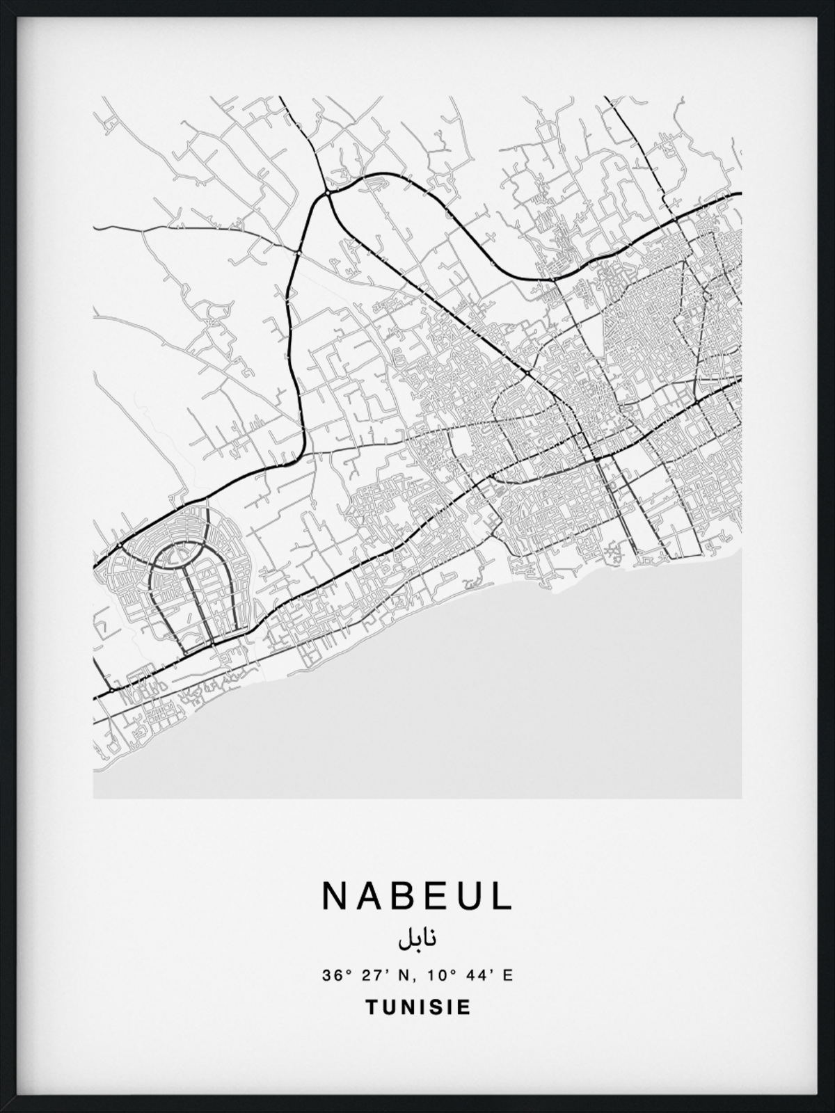 Citymap encadrée de la ville de Nabeul au Maroc - Couleur Gris - Poster avec calligraphie arabe et berbère