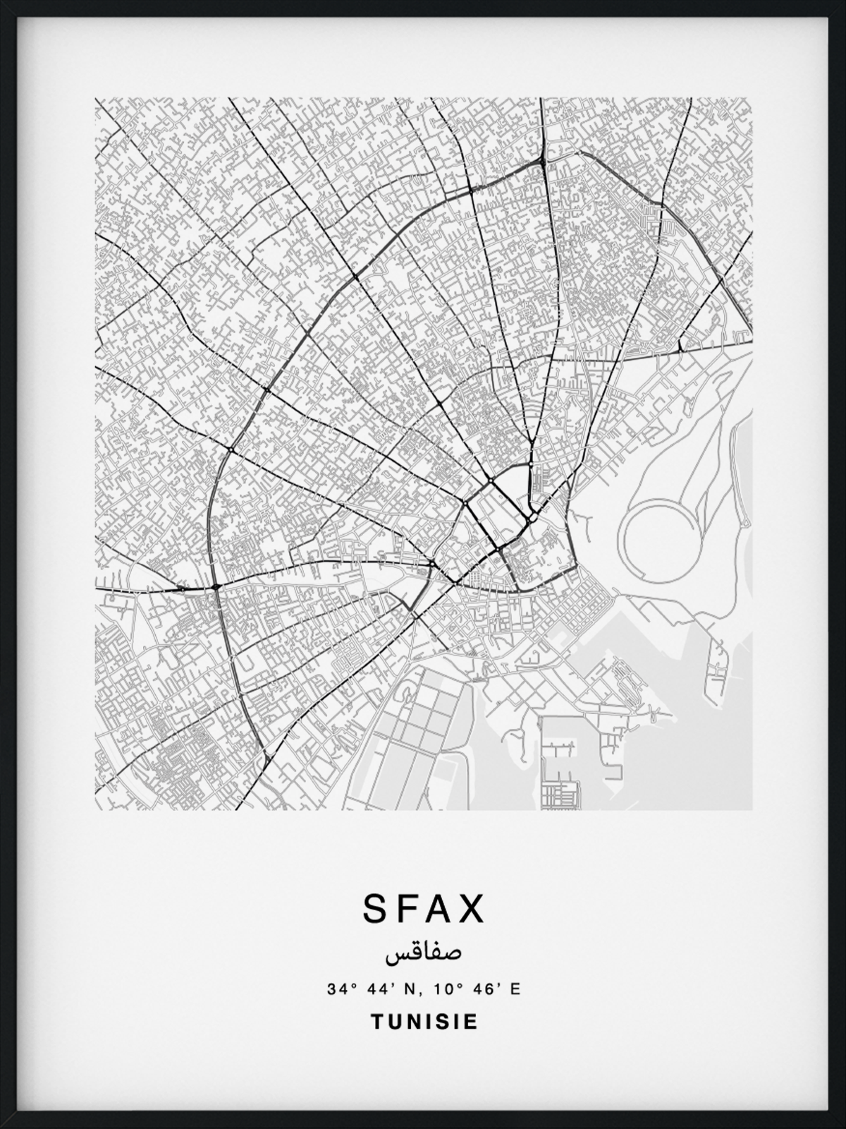 Citymap encadrée de la ville de Sfax au Maroc - Couleur Gris - Poster avec calligraphie arabe et berbère