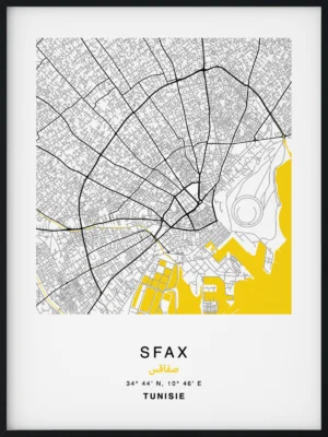 Citymap encadrée de la ville de Sfax en Tunisie - Couleur Jaune - Poster avec calligraphie arabe et berbère