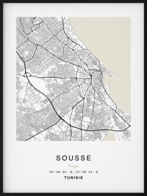 Citymap encadrée de la ville de Sousse en Tunisie - Couleur Beige - Poster avec calligraphie arabe et berbère